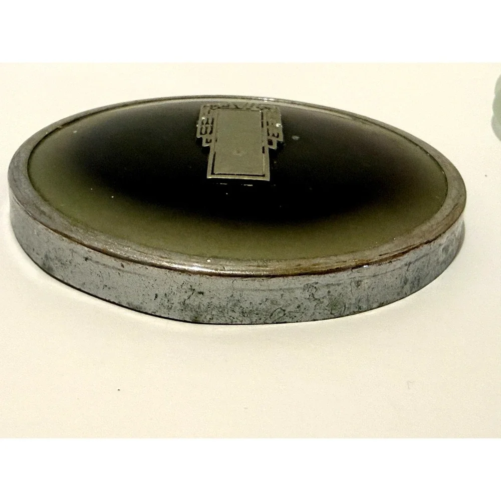 Vintage Art Deco Powder Jar Frosted Glass Metal Lid Skyscraper Vanity Trinket